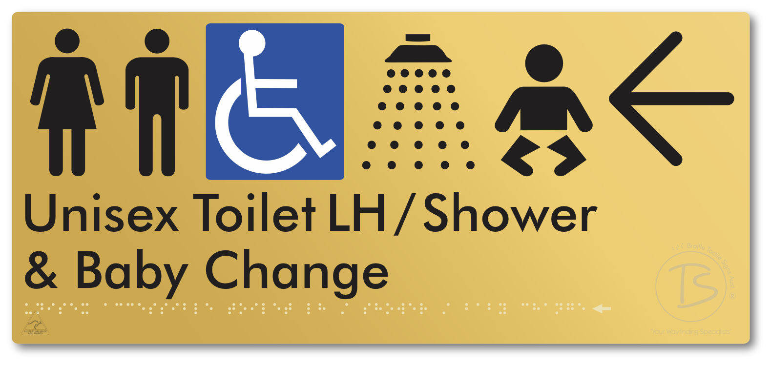 Unisex Accessible Toilet LH / Shower / Baby Change with Large Directional Arrow - Braille Tactile Signs Aust.