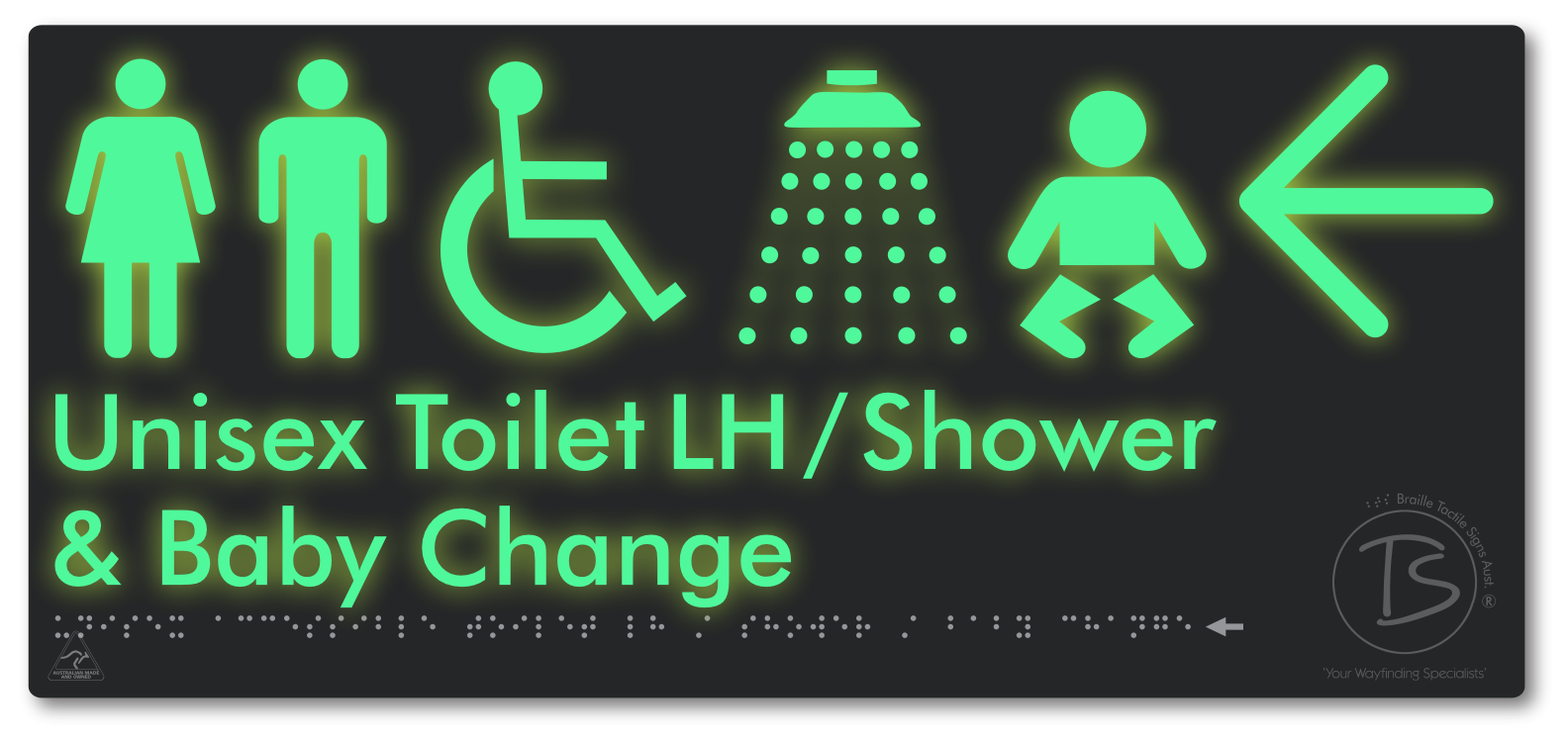Unisex Accessible Toilet LH / Shower / Baby Change with Large Directional Arrow - Braille Tactile Signs Aust.