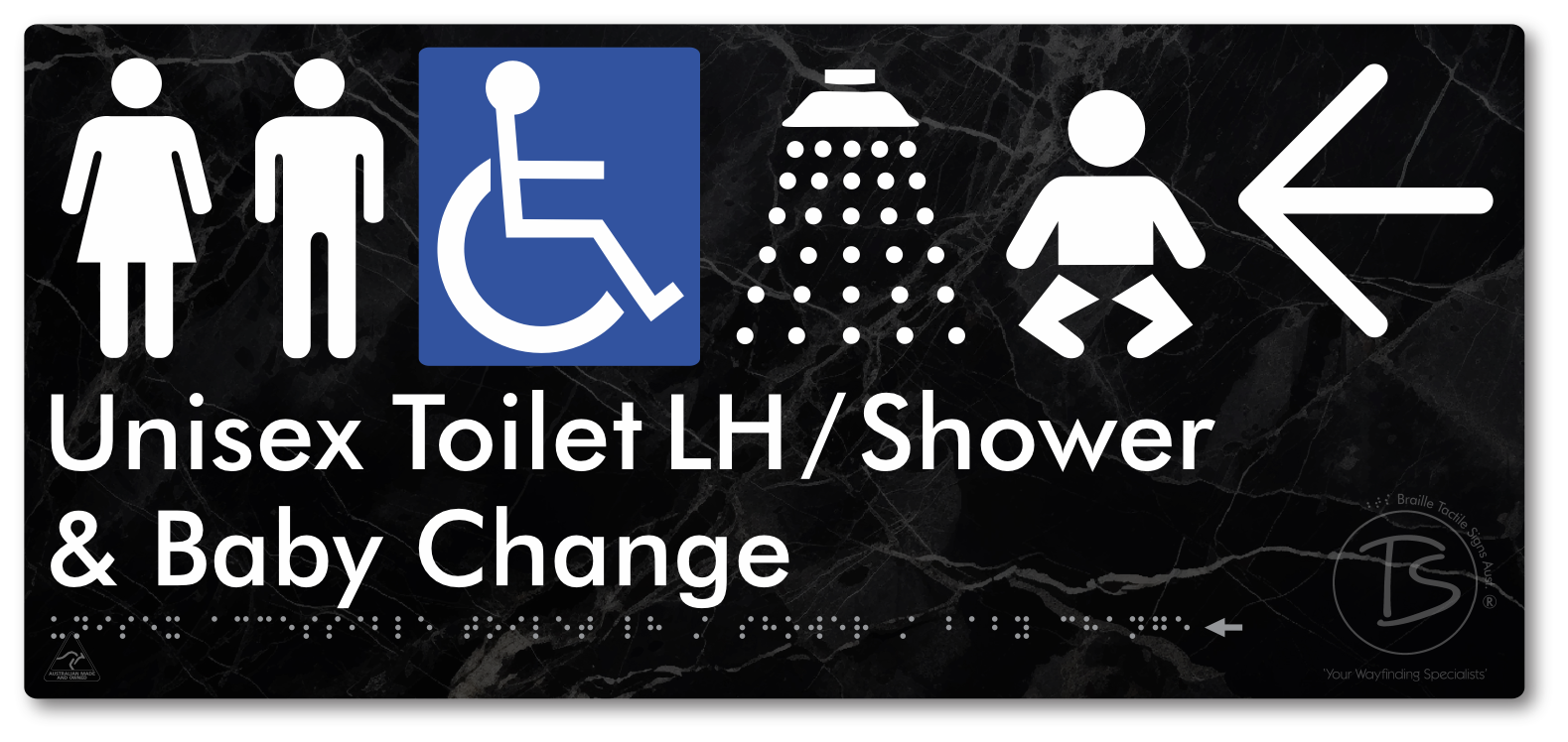Unisex Accessible Toilet LH / Shower / Baby Change with Large Directional Arrow - Braille Tactile Signs Aust.