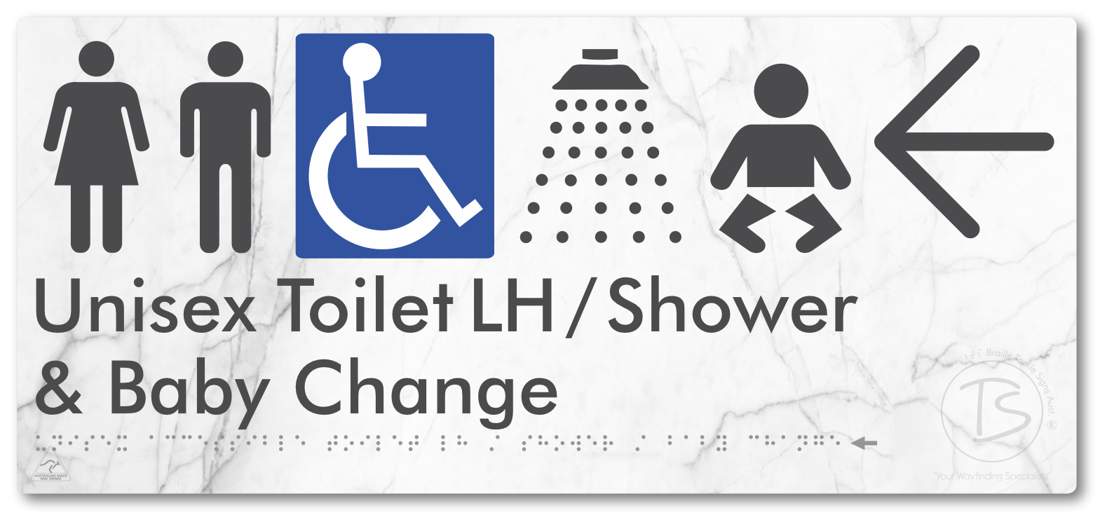 Unisex Accessible Toilet LH / Shower / Baby Change with Large Directional Arrow - Braille Tactile Signs Aust.