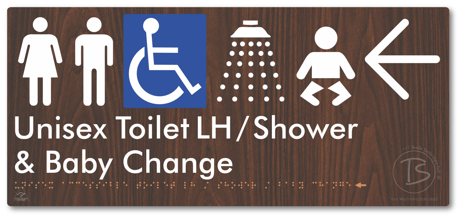 Unisex Accessible Toilet LH / Shower / Baby Change with Large Directional Arrow - Braille Tactile Signs Aust.