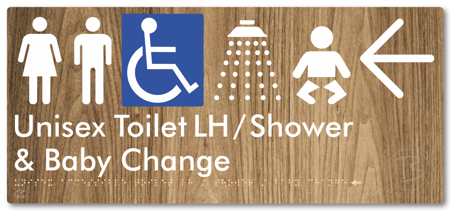 Unisex Accessible Toilet LH / Shower / Baby Change with Large Directional Arrow - Braille Tactile Signs Aust.