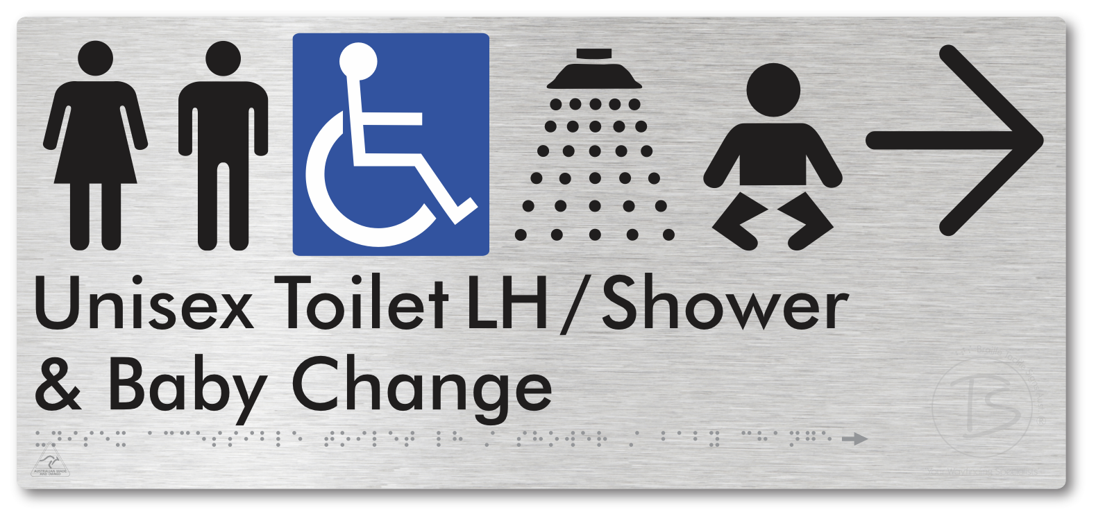 Unisex Accessible Toilet LH / Shower / Baby Change with Large Directional Arrow - Braille Tactile Signs Aust.
