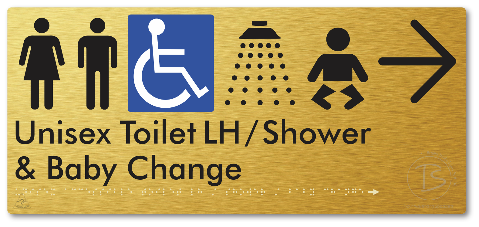 Unisex Accessible Toilet LH / Shower / Baby Change with Large Directional Arrow - Braille Tactile Signs Aust.