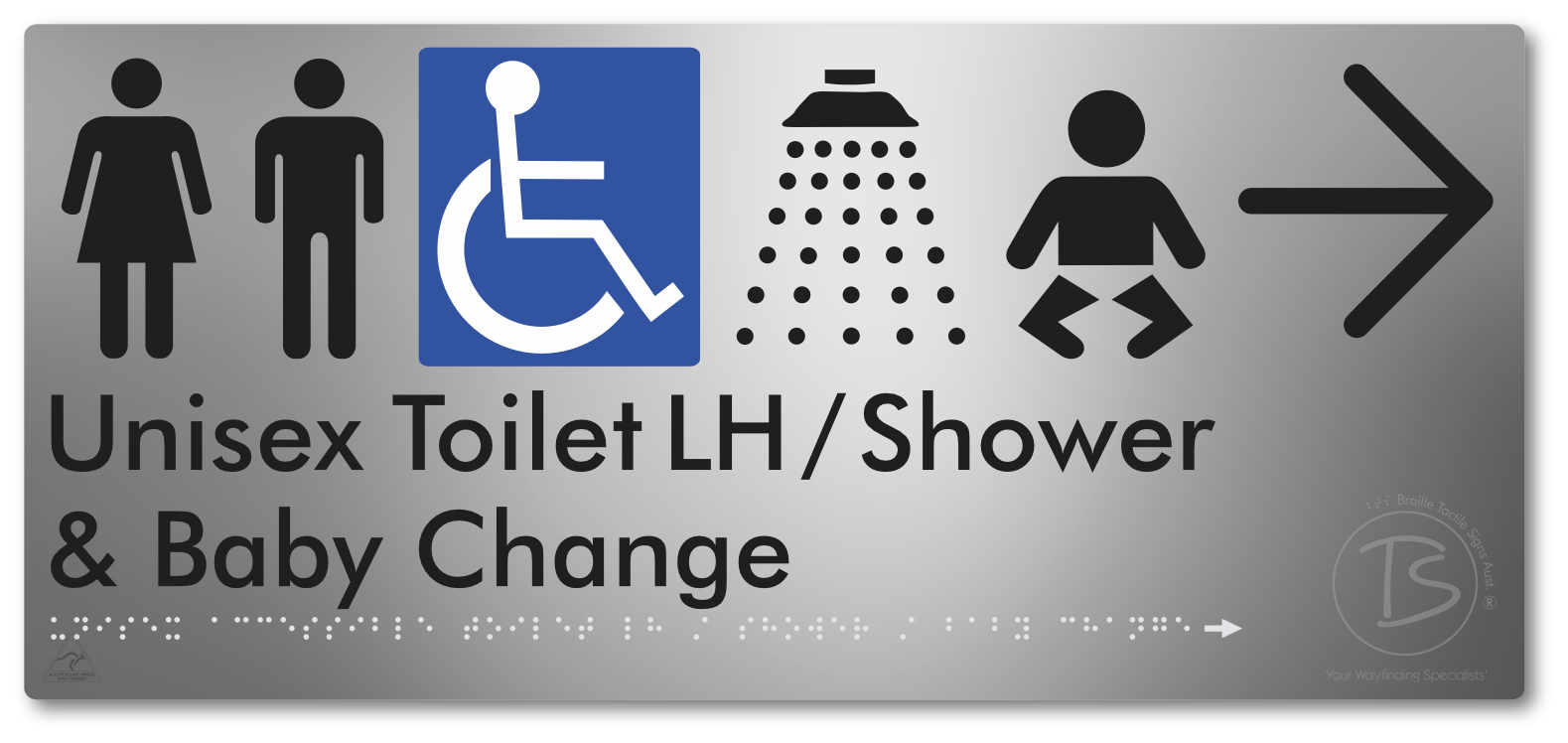 Unisex Accessible Toilet LH / Shower / Baby Change with Large Directional Arrow - Braille Tactile Signs Aust.