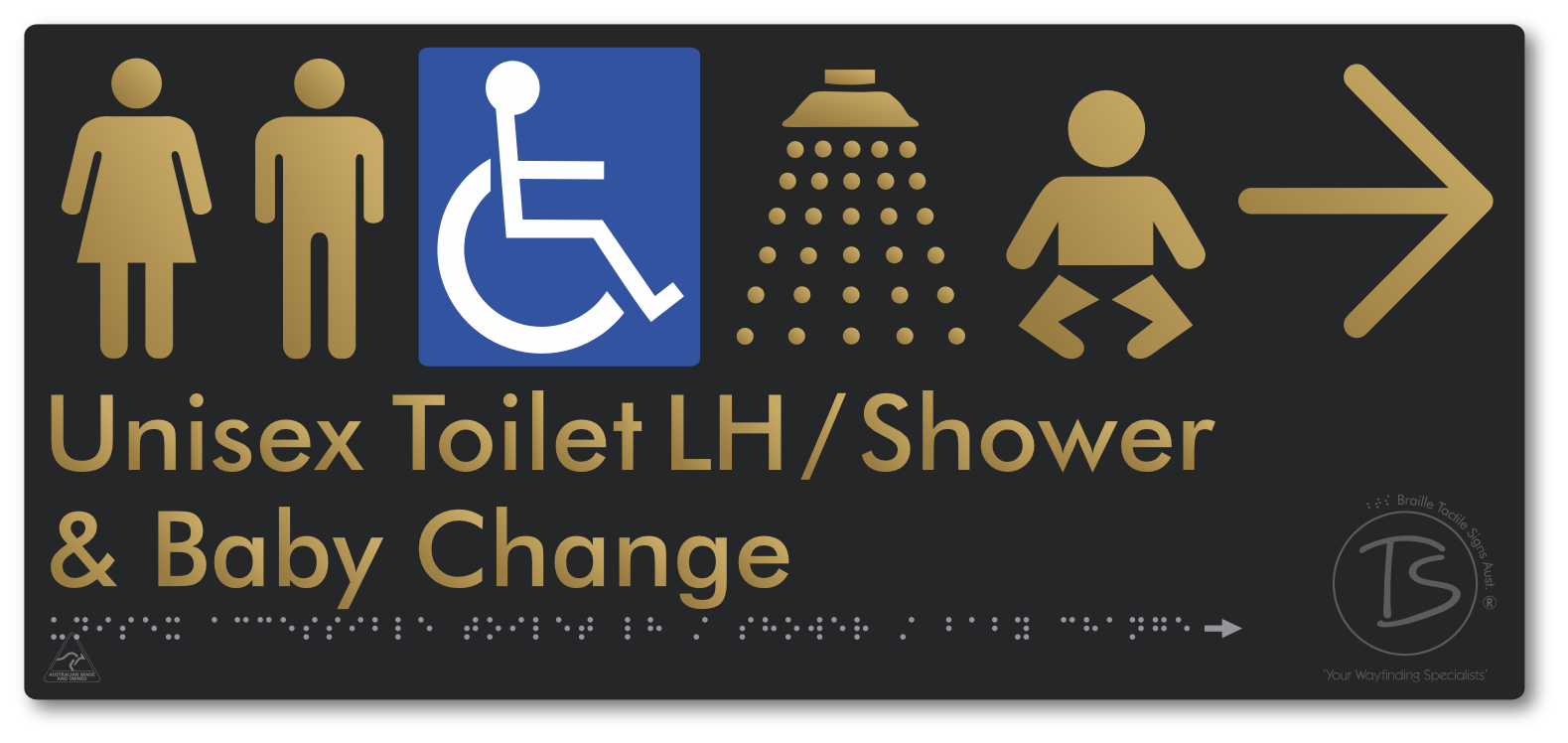 Unisex Accessible Toilet LH / Shower / Baby Change with Large Directional Arrow - Braille Tactile Signs Aust.