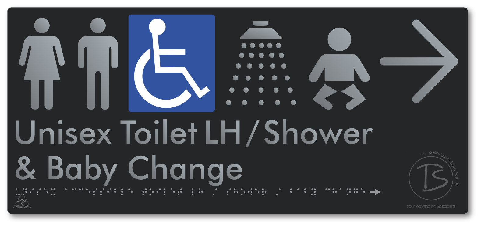 Unisex Accessible Toilet LH / Shower / Baby Change with Large Directional Arrow - Braille Tactile Signs Aust.