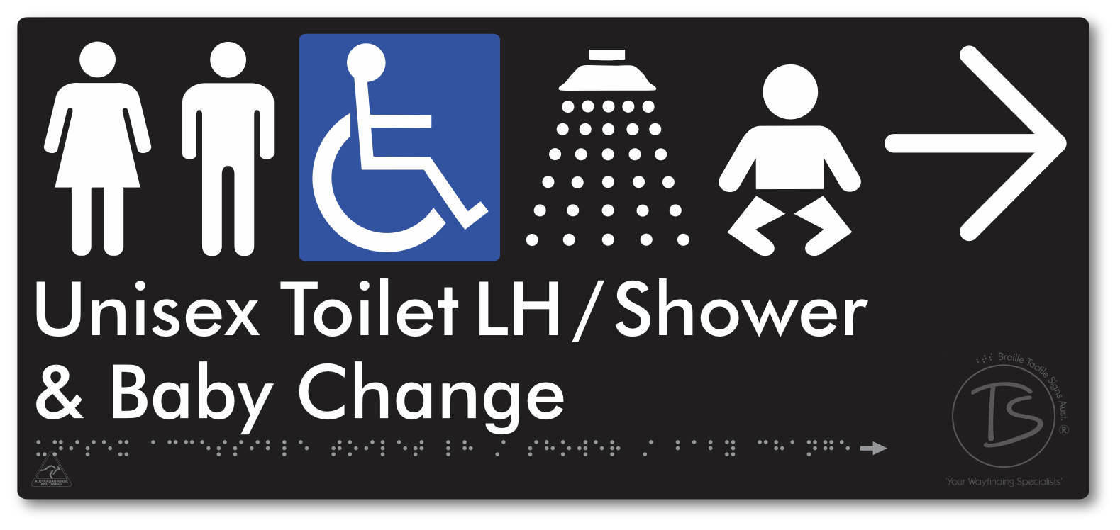 Unisex Accessible Toilet LH / Shower / Baby Change with Large Directional Arrow - Braille Tactile Signs Aust.