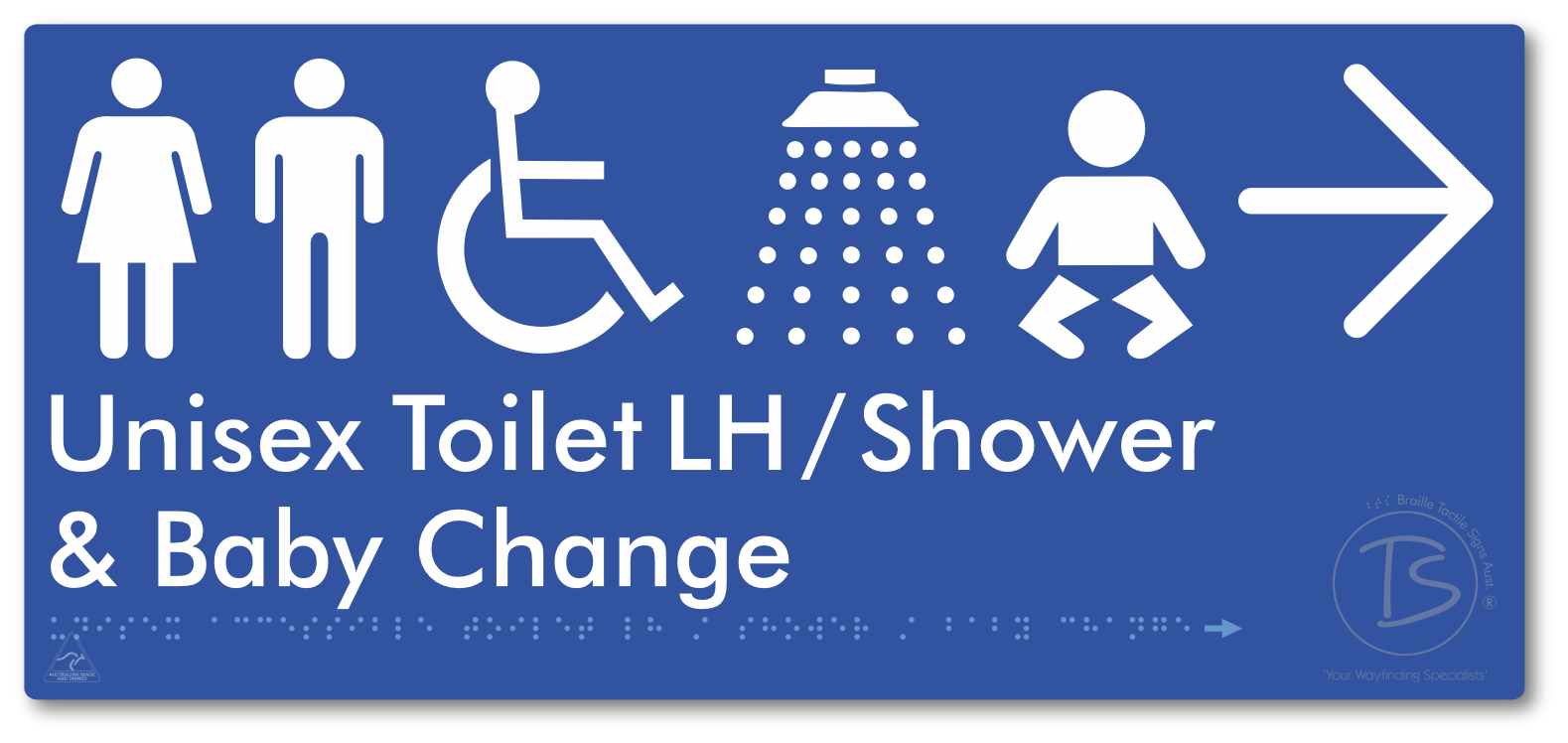 Unisex Accessible Toilet LH / Shower / Baby Change with Large Directional Arrow - Braille Tactile Signs Aust.