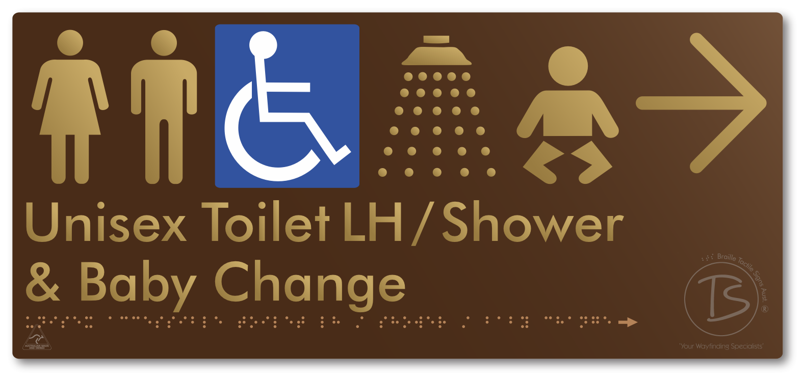 Unisex Accessible Toilet LH / Shower / Baby Change with Large Directional Arrow - Braille Tactile Signs Aust.