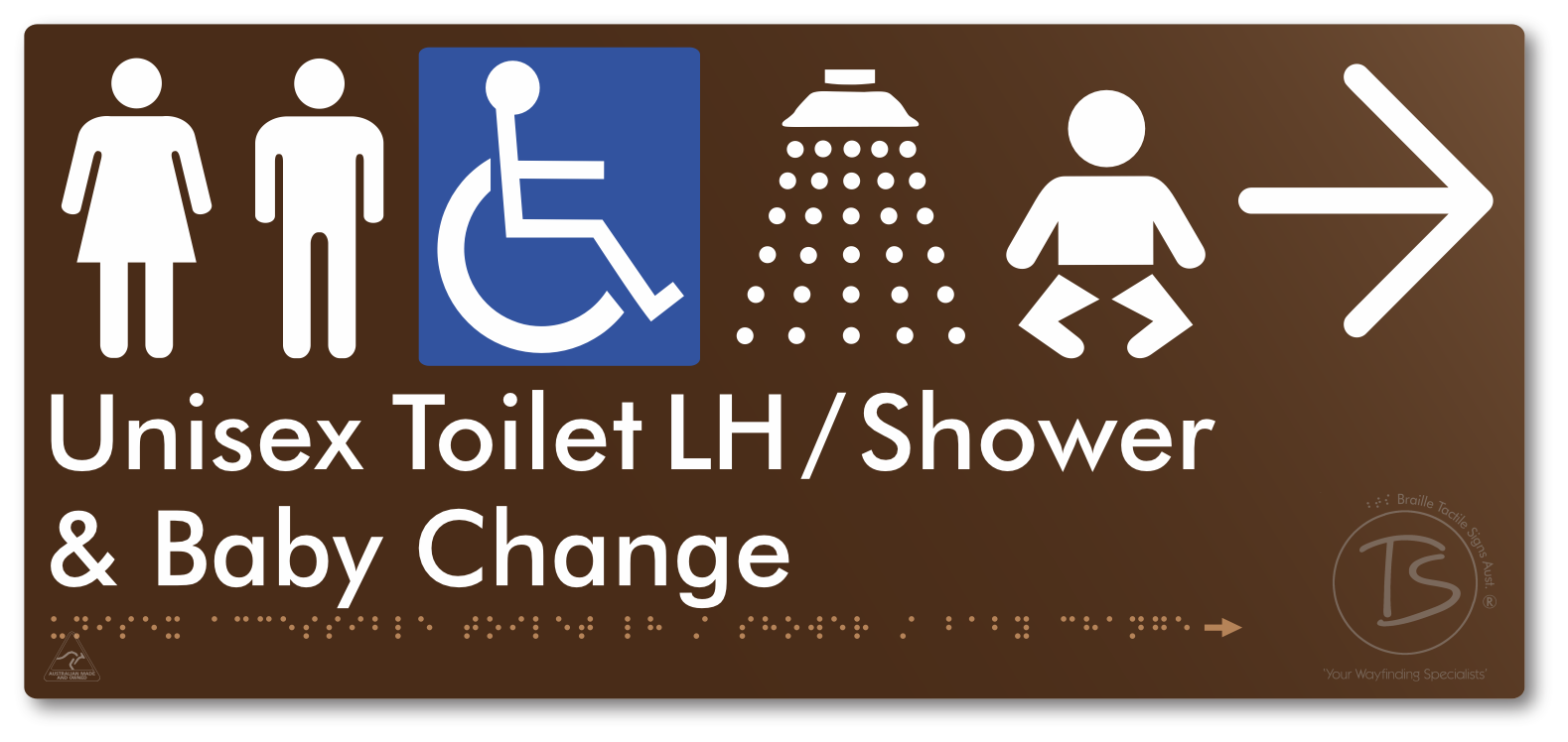 Unisex Accessible Toilet LH / Shower / Baby Change with Large Directional Arrow - Braille Tactile Signs Aust.