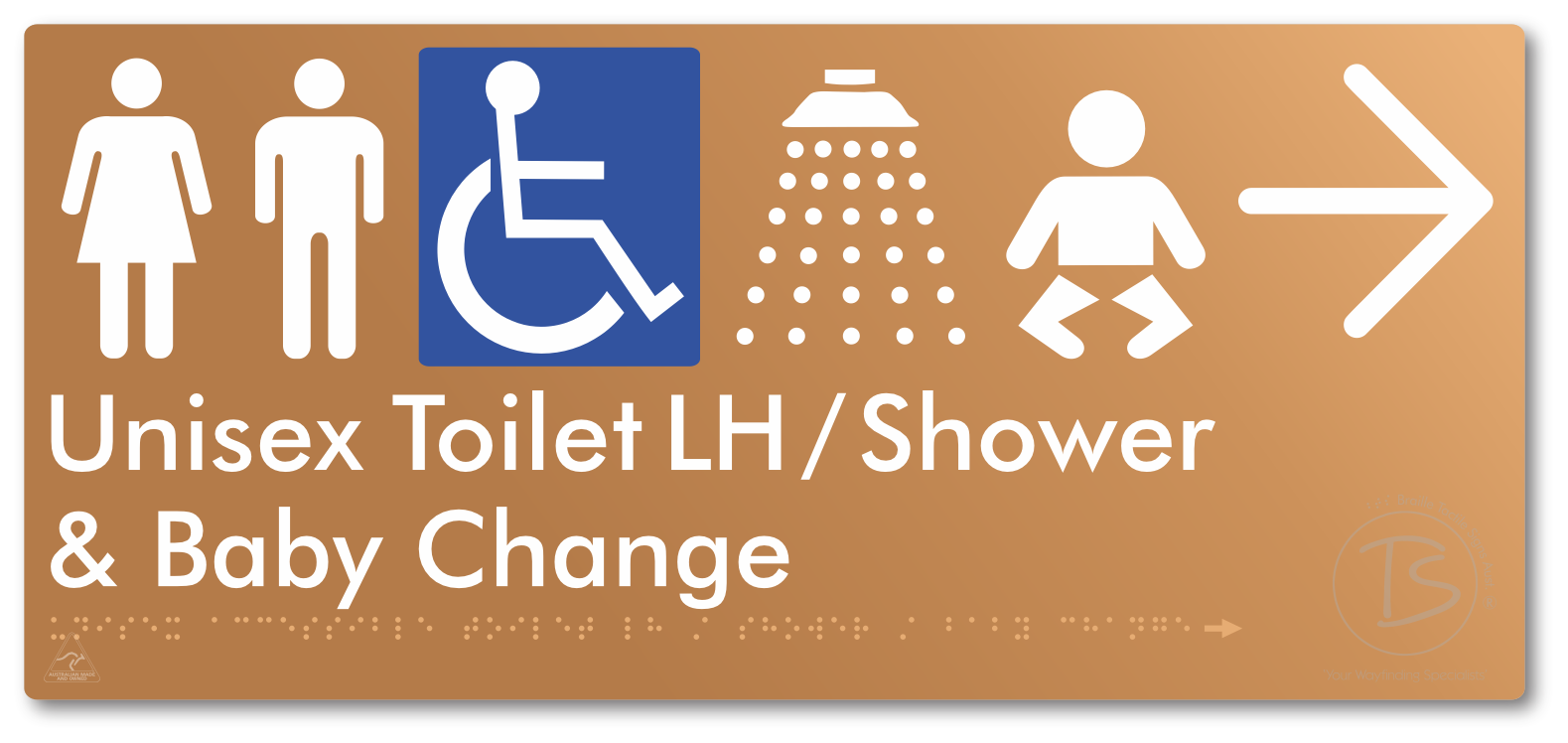 Unisex Accessible Toilet LH / Shower / Baby Change with Large Directional Arrow - Braille Tactile Signs Aust.