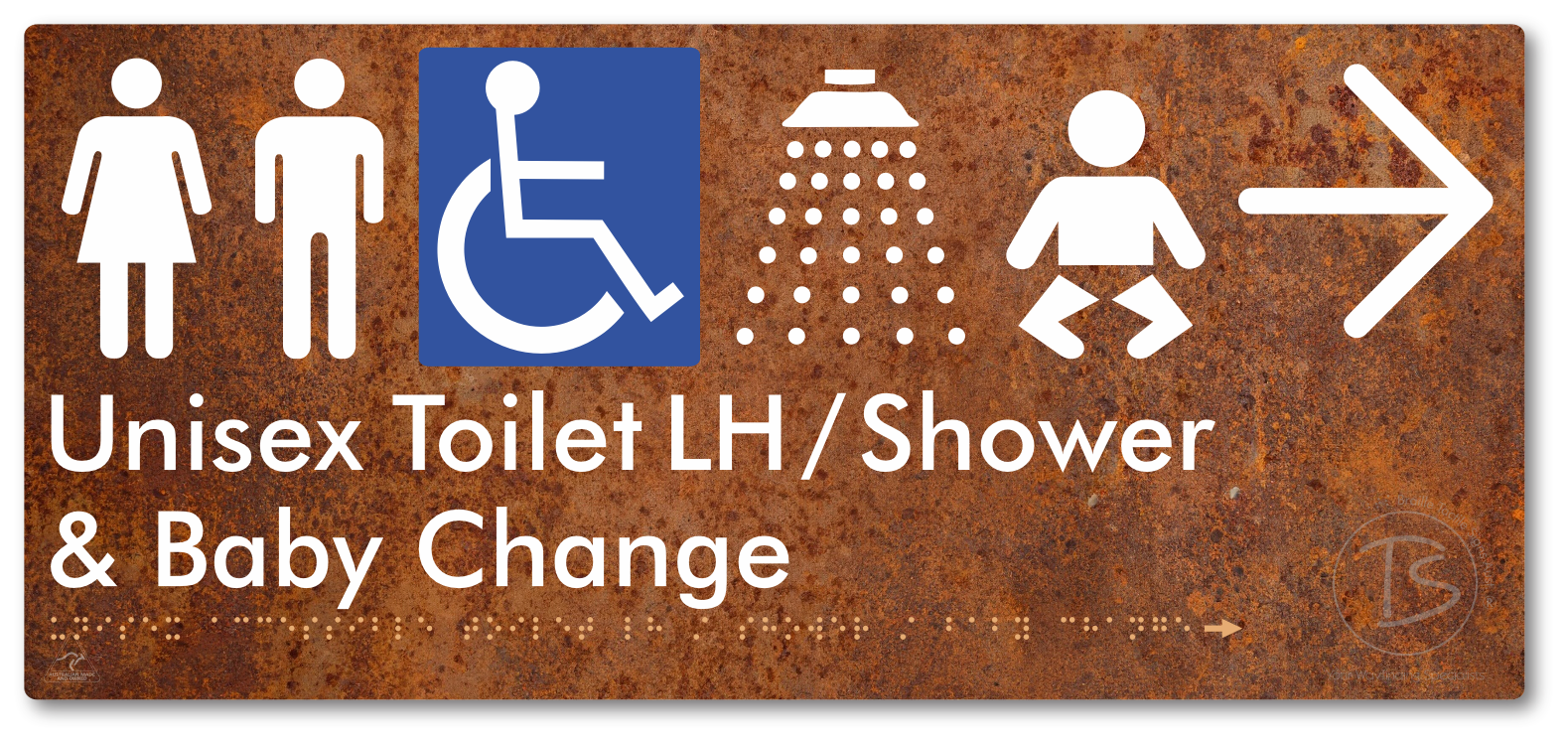 Unisex Accessible Toilet LH / Shower / Baby Change with Large Directional Arrow - Braille Tactile Signs Aust.