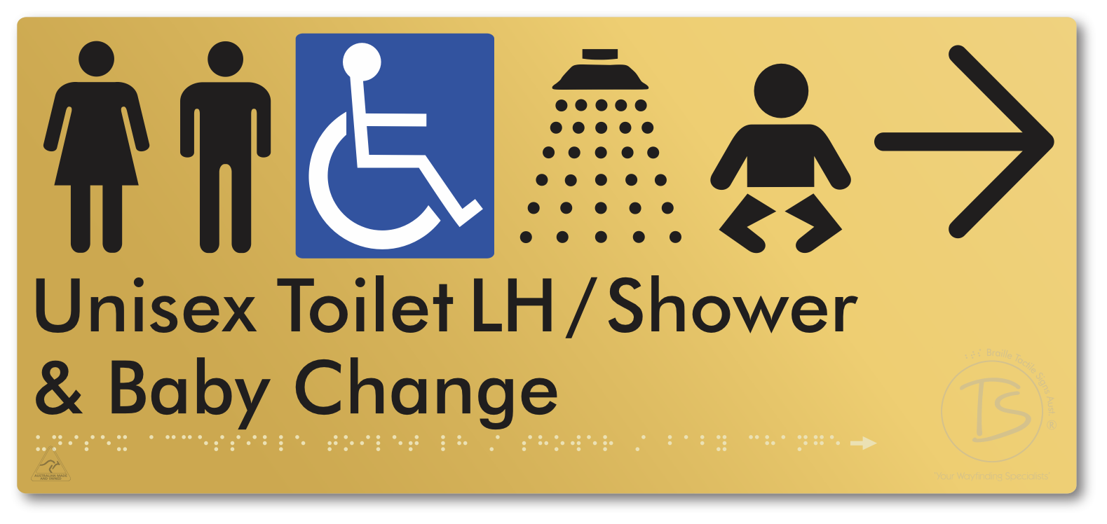 Unisex Accessible Toilet LH / Shower / Baby Change with Large Directional Arrow - Braille Tactile Signs Aust.