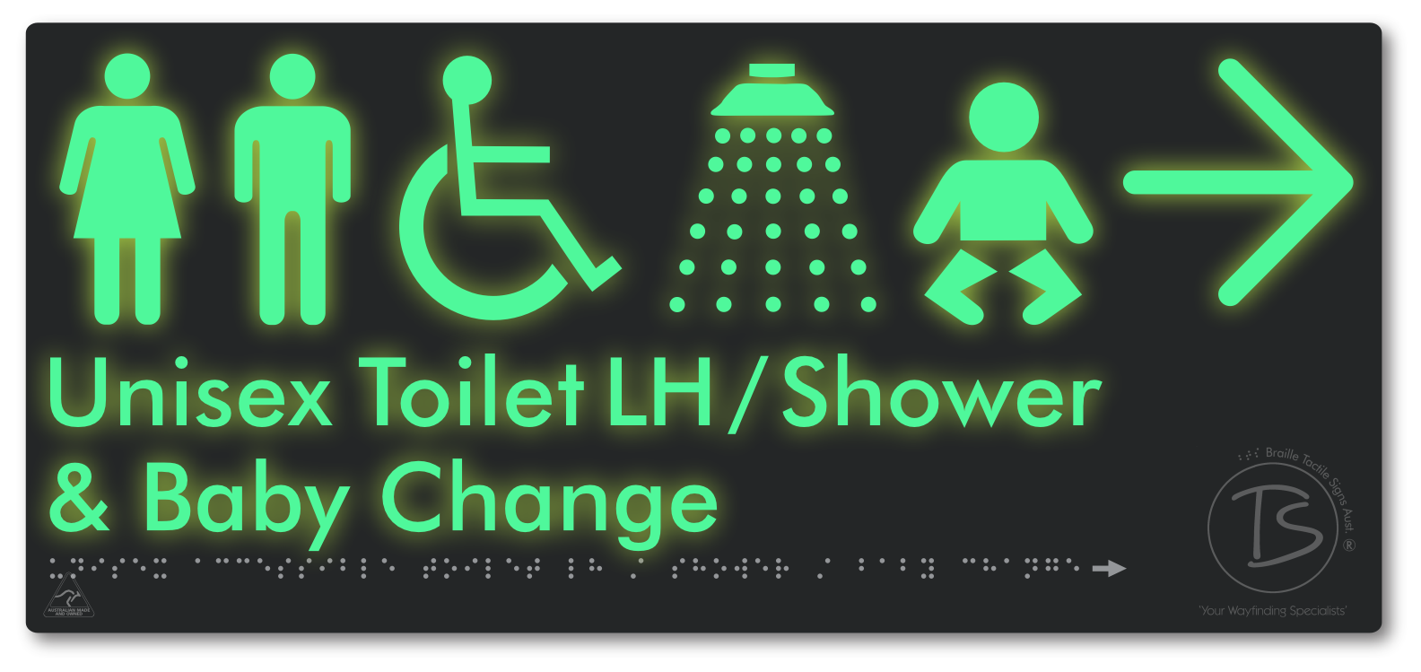 Unisex Accessible Toilet LH / Shower / Baby Change with Large Directional Arrow - Braille Tactile Signs Aust.