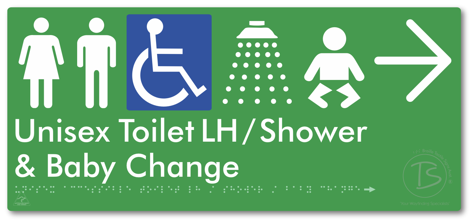 Unisex Accessible Toilet LH / Shower / Baby Change with Large Directional Arrow - Braille Tactile Signs Aust.