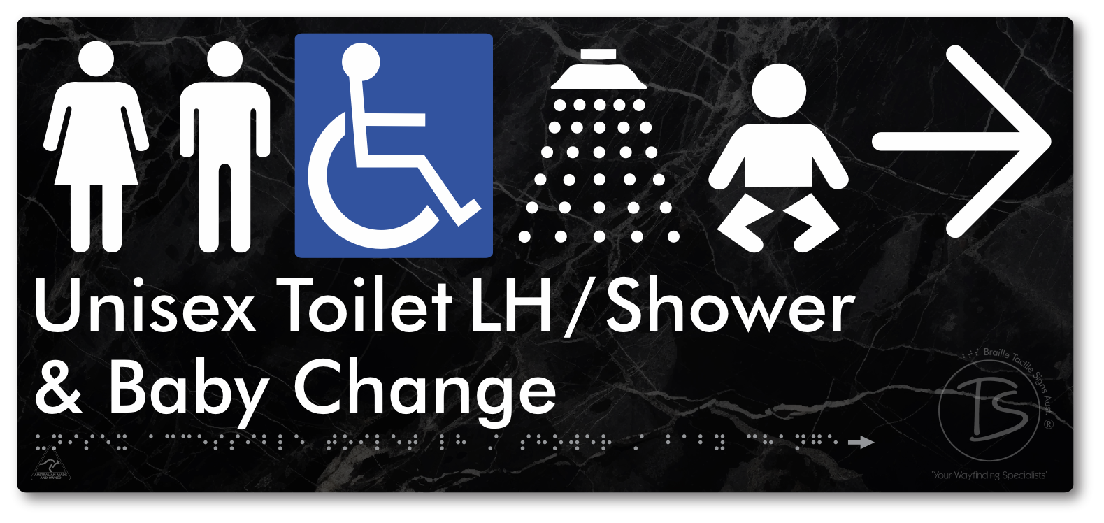 Unisex Accessible Toilet LH / Shower / Baby Change with Large Directional Arrow - Braille Tactile Signs Aust.