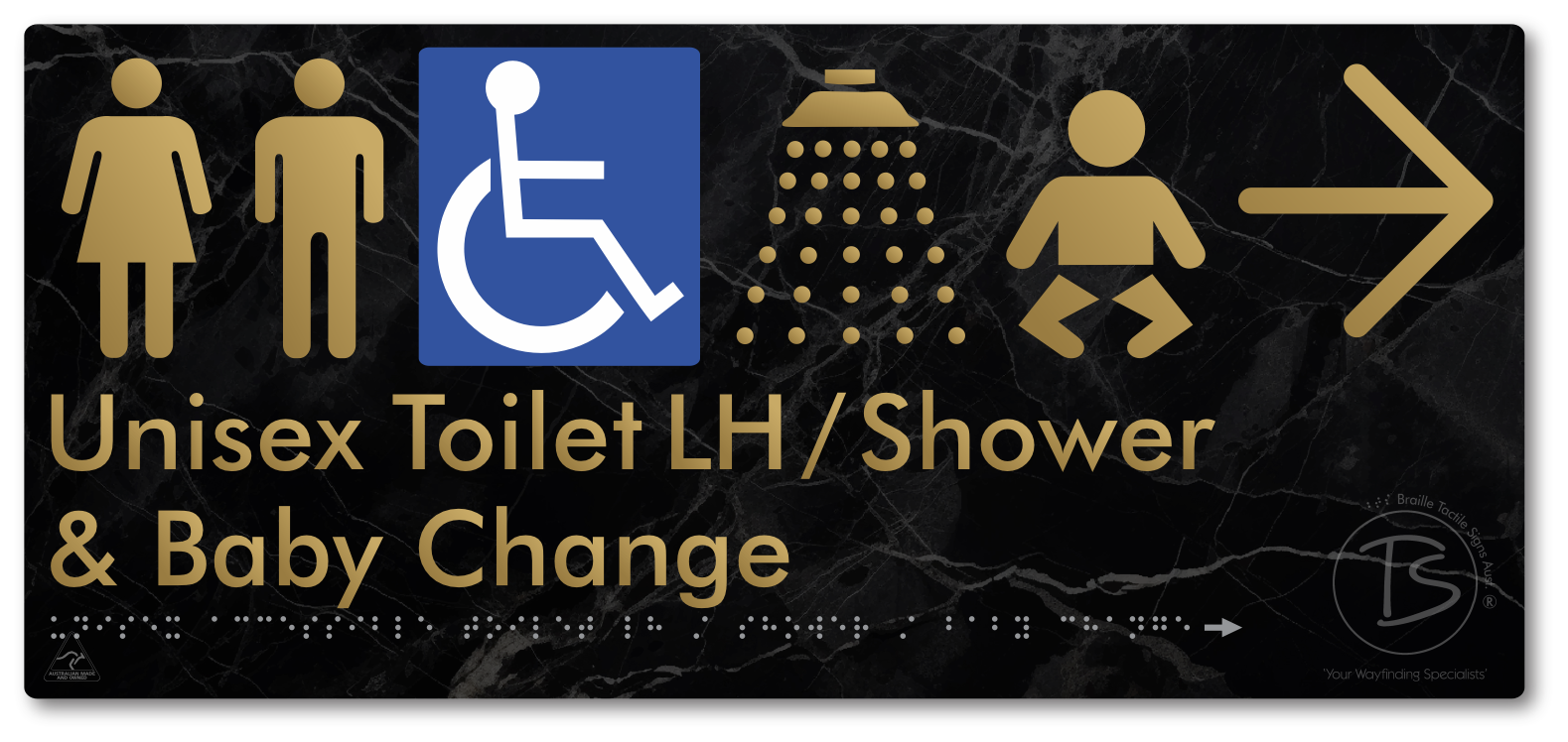 Unisex Accessible Toilet LH / Shower / Baby Change with Large Directional Arrow - Braille Tactile Signs Aust.