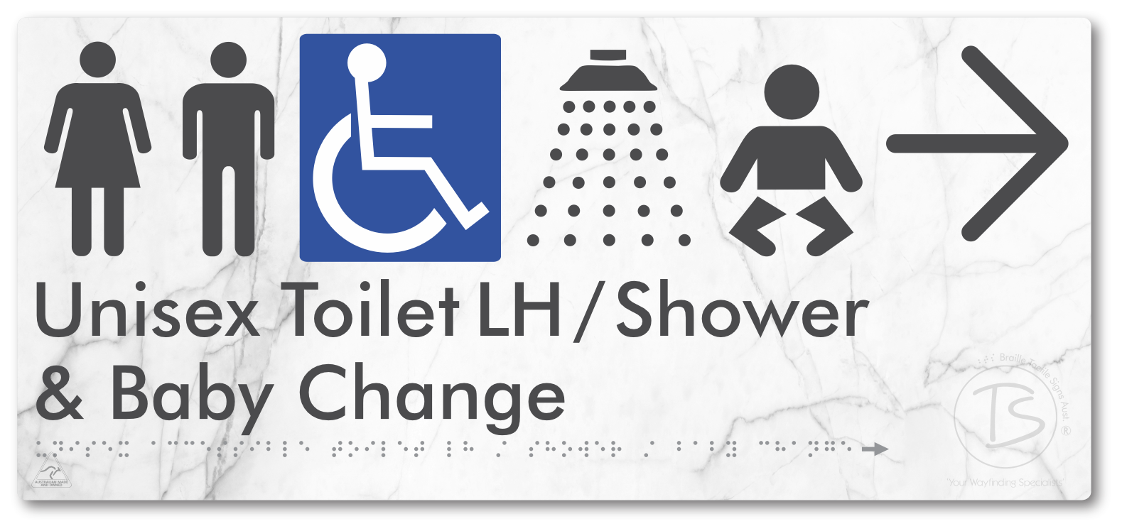Unisex Accessible Toilet LH / Shower / Baby Change with Large Directional Arrow - Braille Tactile Signs Aust.