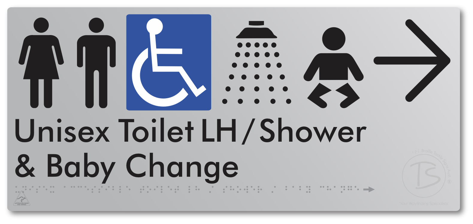 Unisex Accessible Toilet LH / Shower / Baby Change with Large Directional Arrow - Braille Tactile Signs Aust.