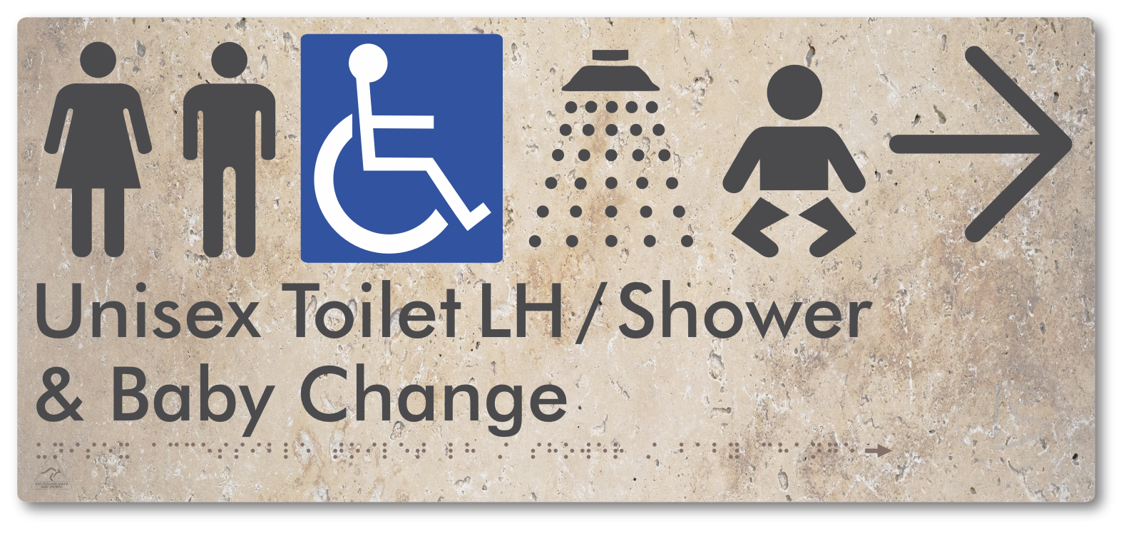 Unisex Accessible Toilet LH / Shower / Baby Change with Large Directional Arrow - Braille Tactile Signs Aust.
