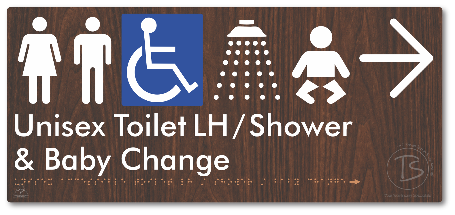 Unisex Accessible Toilet LH / Shower / Baby Change with Large Directional Arrow - Braille Tactile Signs Aust.