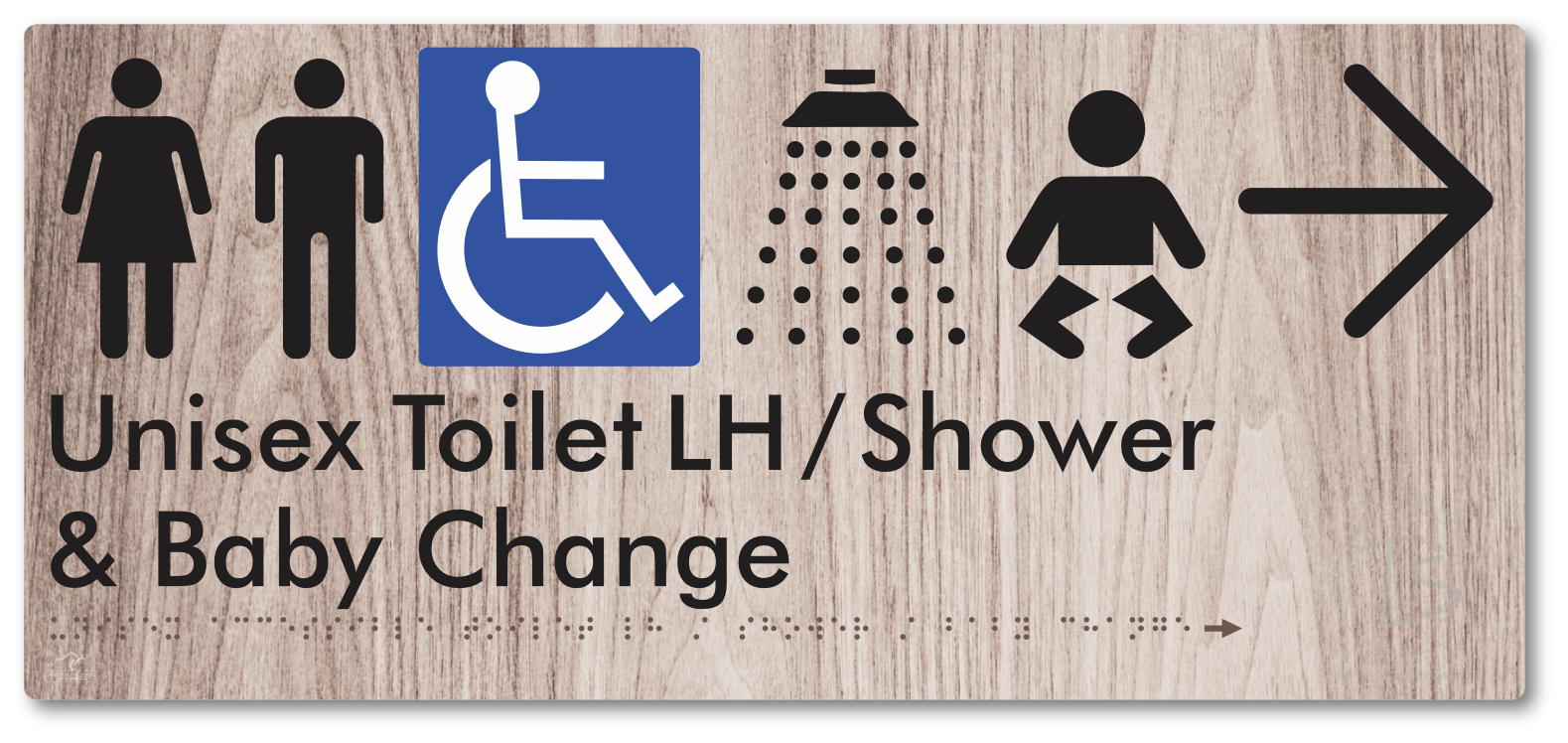 Unisex Accessible Toilet LH / Shower / Baby Change with Large Directional Arrow - Braille Tactile Signs Aust.