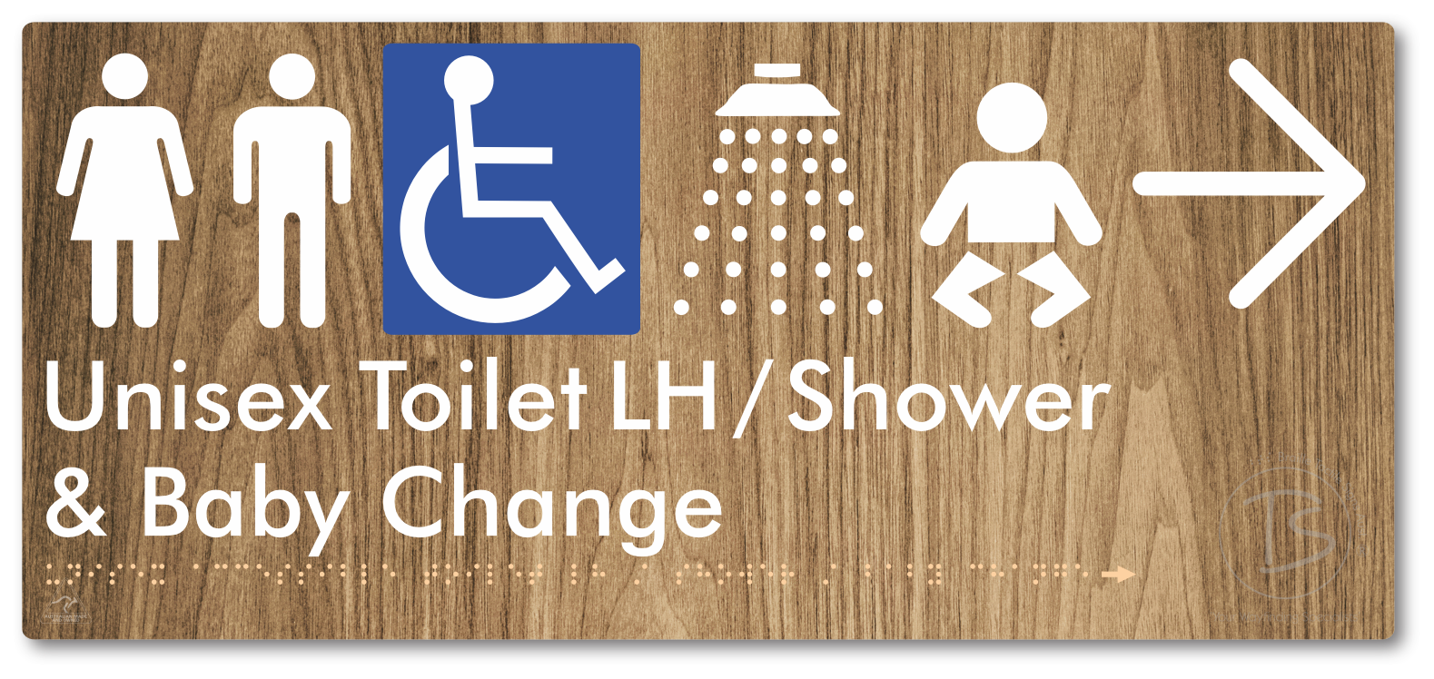 Unisex Accessible Toilet LH / Shower / Baby Change with Large Directional Arrow - Braille Tactile Signs Aust.