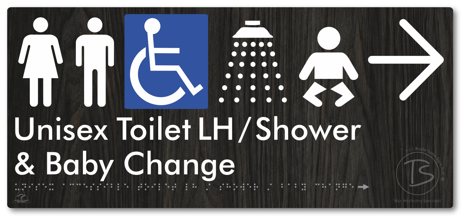 Unisex Accessible Toilet LH / Shower / Baby Change with Large Directional Arrow - Braille Tactile Signs Aust.