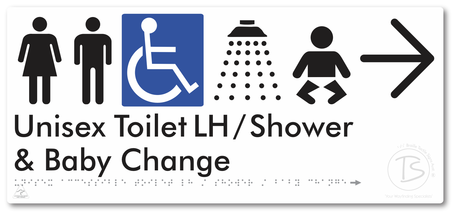 Unisex Accessible Toilet LH / Shower / Baby Change with Large Directional Arrow - Braille Tactile Signs Aust.