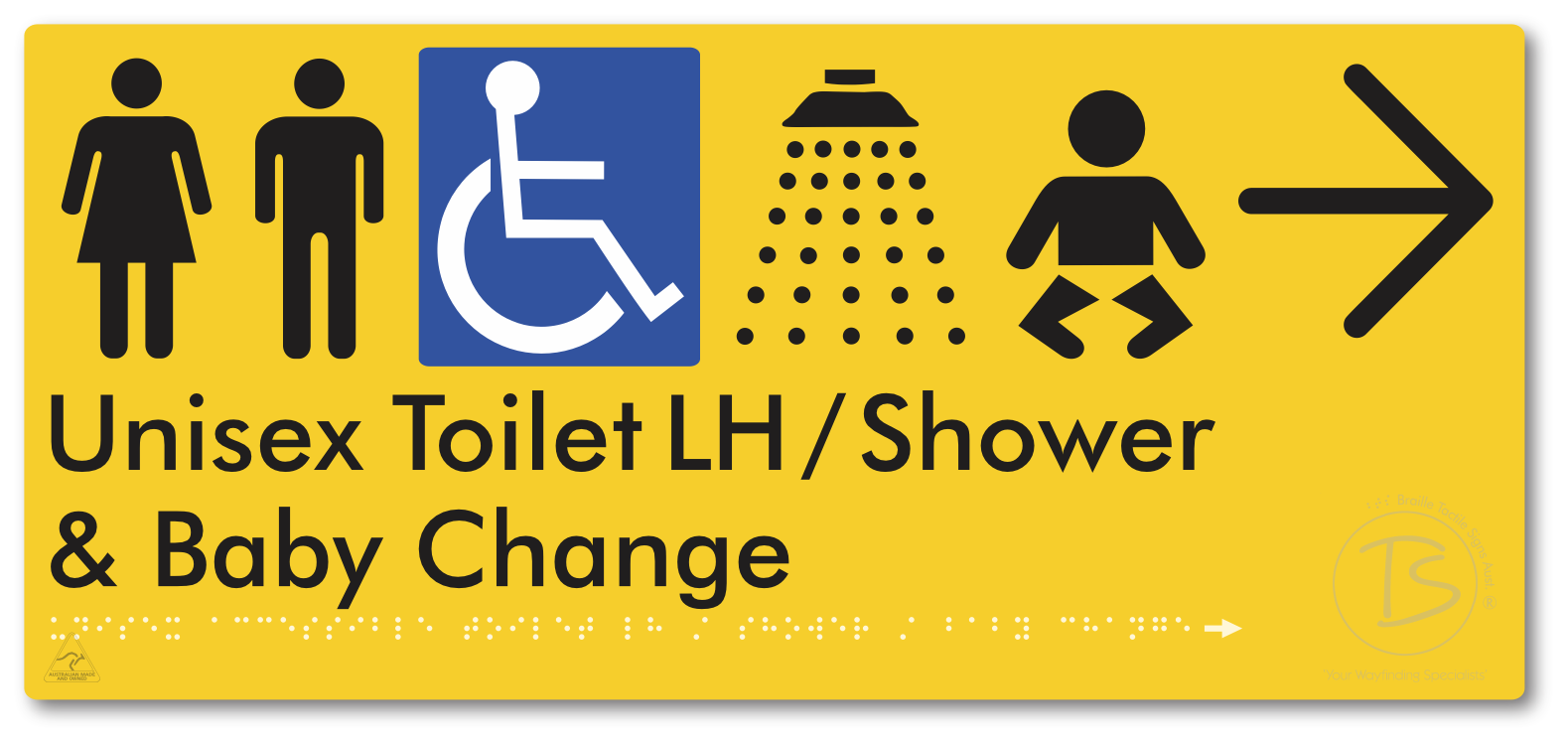 Unisex Accessible Toilet LH / Shower / Baby Change with Large Directional Arrow - Braille Tactile Signs Aust.