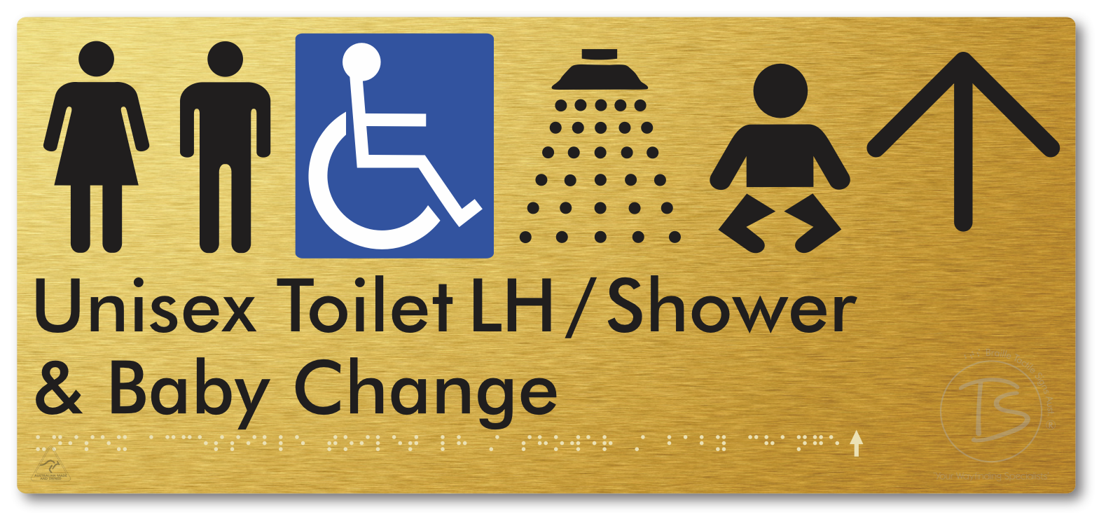 Unisex Accessible Toilet LH / Shower / Baby Change with Large Directional Arrow - Braille Tactile Signs Aust.