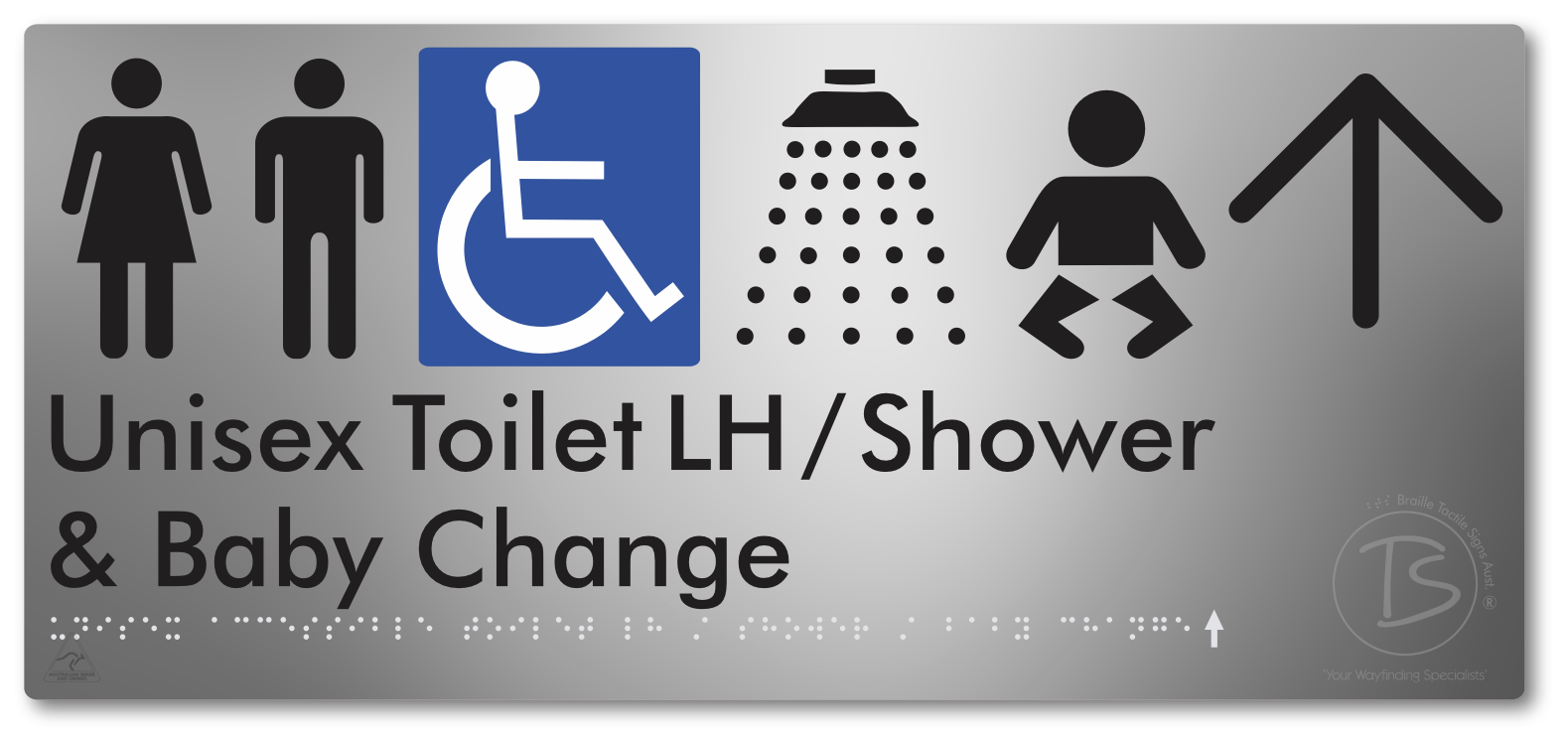 Unisex Accessible Toilet LH / Shower / Baby Change with Large Directional Arrow - Braille Tactile Signs Aust.