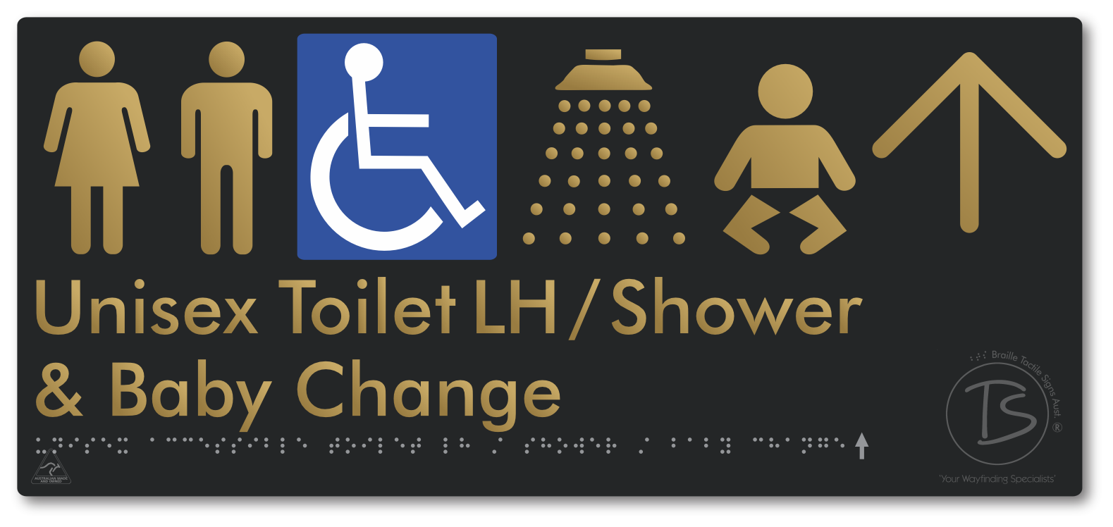 Unisex Accessible Toilet LH / Shower / Baby Change with Large Directional Arrow - Braille Tactile Signs Aust.
