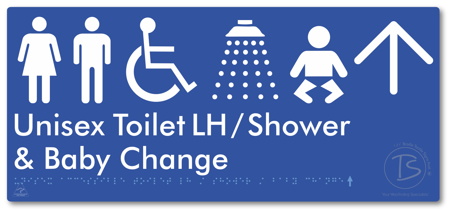 Unisex Accessible Toilet LH / Shower / Baby Change with Large Directional Arrow - Braille Tactile Signs Aust.