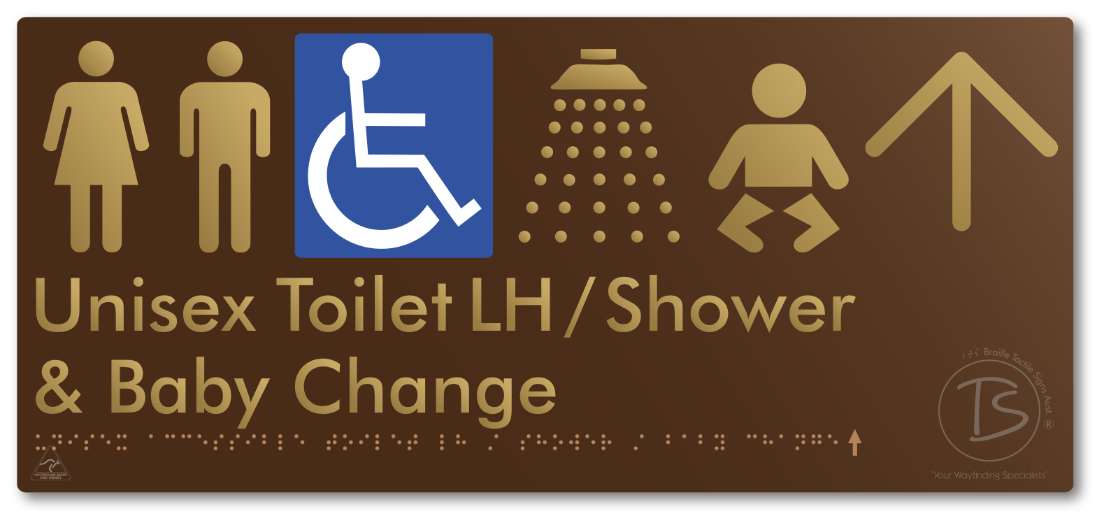 Unisex Accessible Toilet LH / Shower / Baby Change with Large Directional Arrow - Braille Tactile Signs Aust.