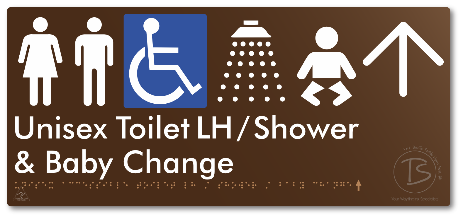 Unisex Accessible Toilet LH / Shower / Baby Change with Large Directional Arrow - Braille Tactile Signs Aust.