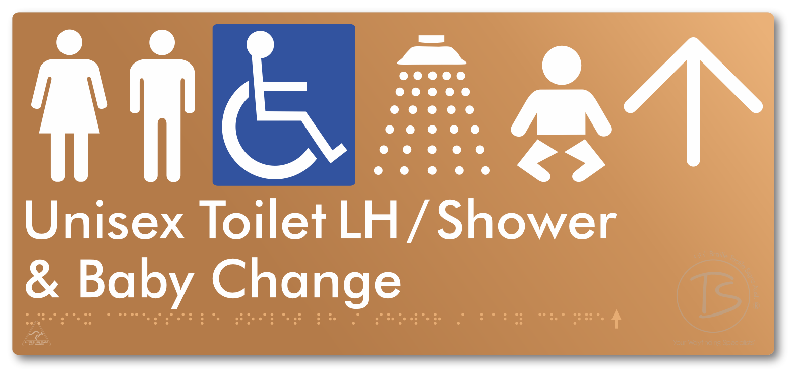 Unisex Accessible Toilet LH / Shower / Baby Change with Large Directional Arrow - Braille Tactile Signs Aust.