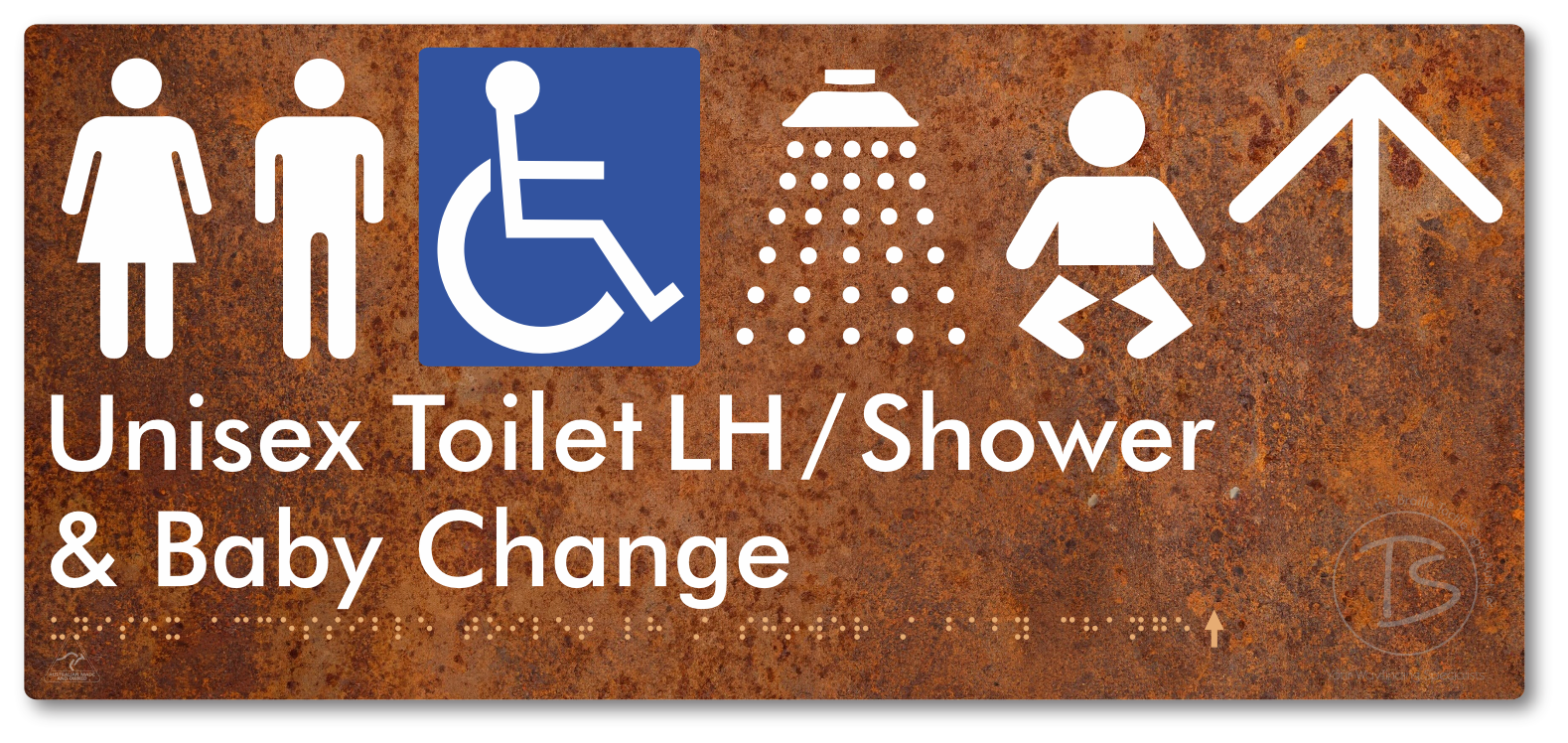 Unisex Accessible Toilet LH / Shower / Baby Change with Large Directional Arrow - Braille Tactile Signs Aust.