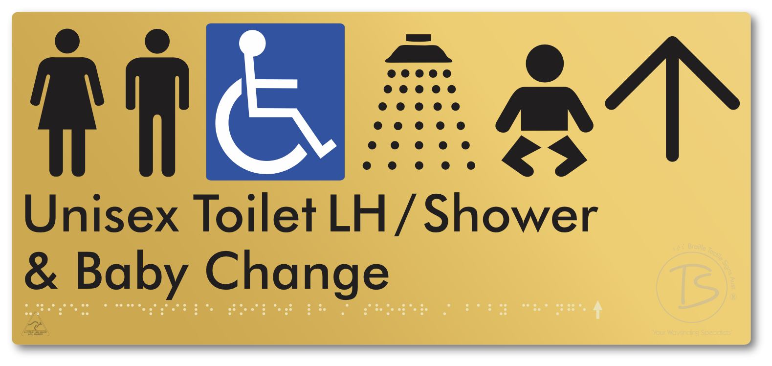 Unisex Accessible Toilet LH / Shower / Baby Change with Large Directional Arrow - Braille Tactile Signs Aust.