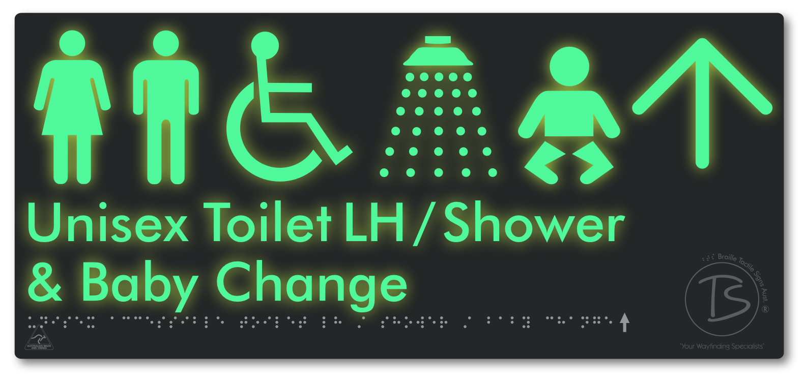 Unisex Accessible Toilet LH / Shower / Baby Change with Large Directional Arrow - Braille Tactile Signs Aust.