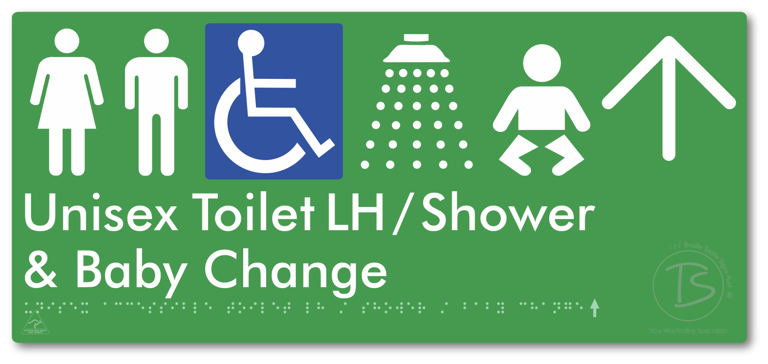 Unisex Accessible Toilet LH / Shower / Baby Change with Large Directional Arrow - Braille Tactile Signs Aust.