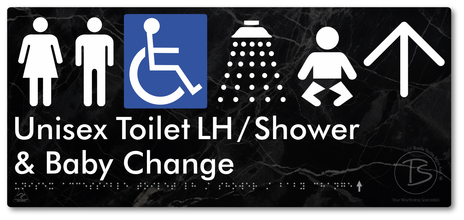 Unisex Accessible Toilet LH / Shower / Baby Change with Large Directional Arrow - Braille Tactile Signs Aust.