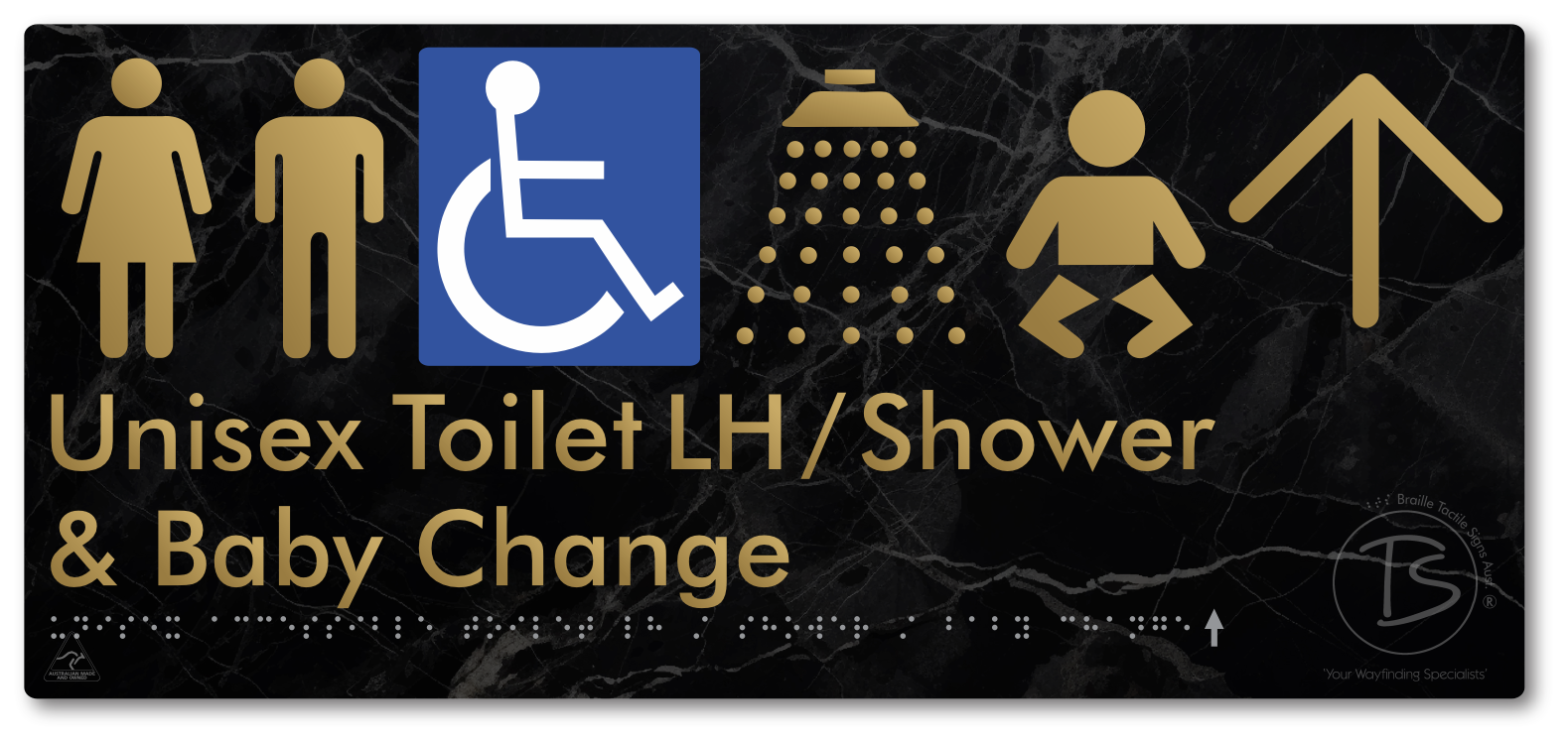 Unisex Accessible Toilet LH / Shower / Baby Change with Large Directional Arrow - Braille Tactile Signs Aust.