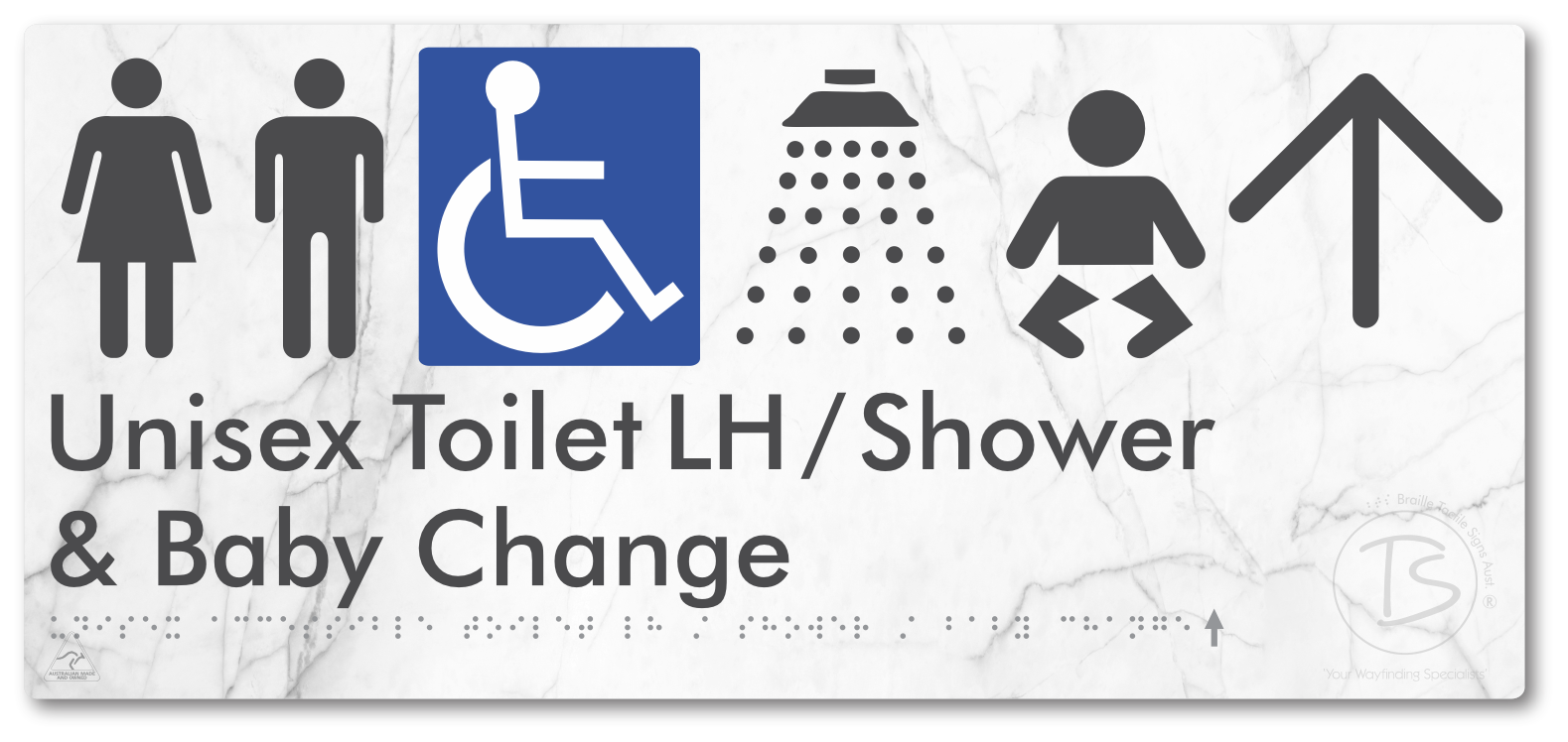Unisex Accessible Toilet LH / Shower / Baby Change with Large Directional Arrow - Braille Tactile Signs Aust.