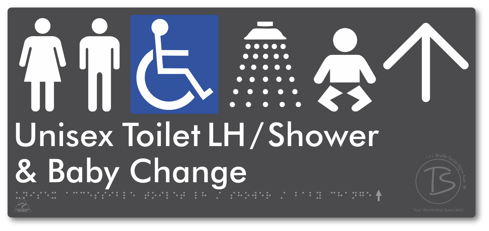 Unisex Accessible Toilet LH / Shower / Baby Change with Large Directional Arrow - Braille Tactile Signs Aust.