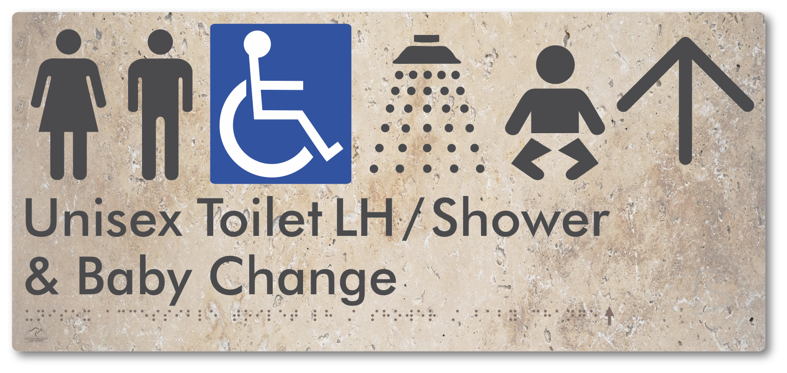 Unisex Accessible Toilet LH / Shower / Baby Change with Large Directional Arrow - Braille Tactile Signs Aust.