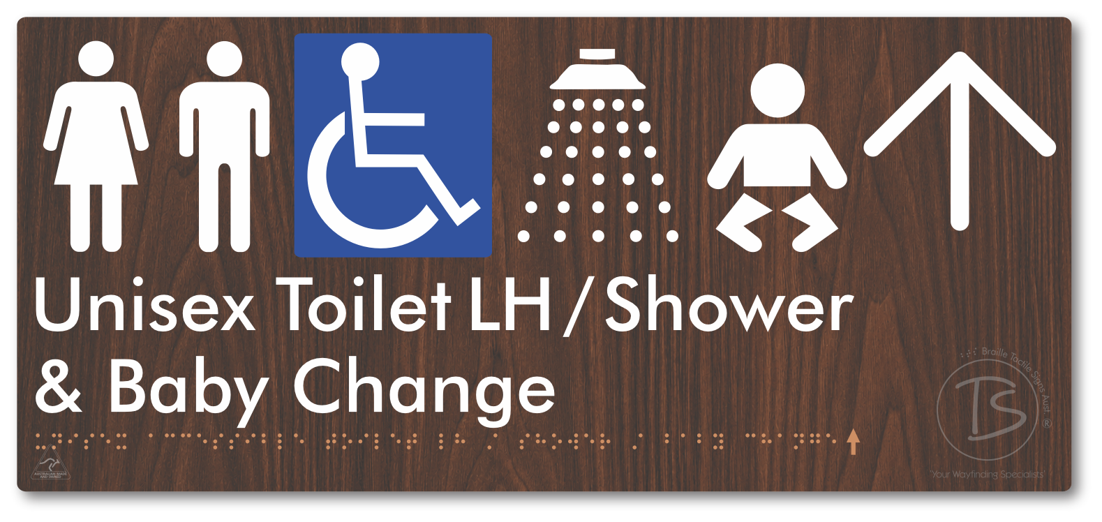 Unisex Accessible Toilet LH / Shower / Baby Change with Large Directional Arrow - Braille Tactile Signs Aust.