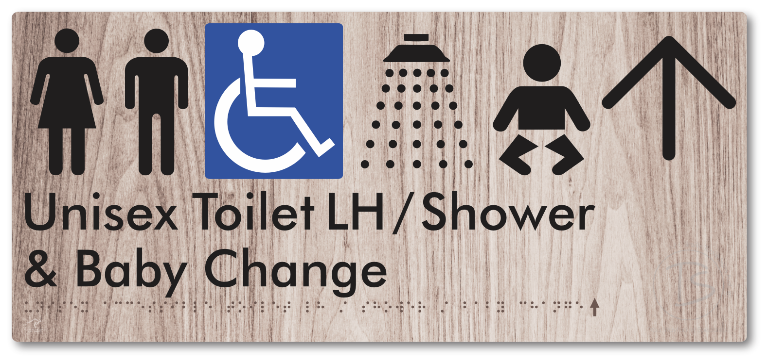 Unisex Accessible Toilet LH / Shower / Baby Change with Large Directional Arrow - Braille Tactile Signs Aust.