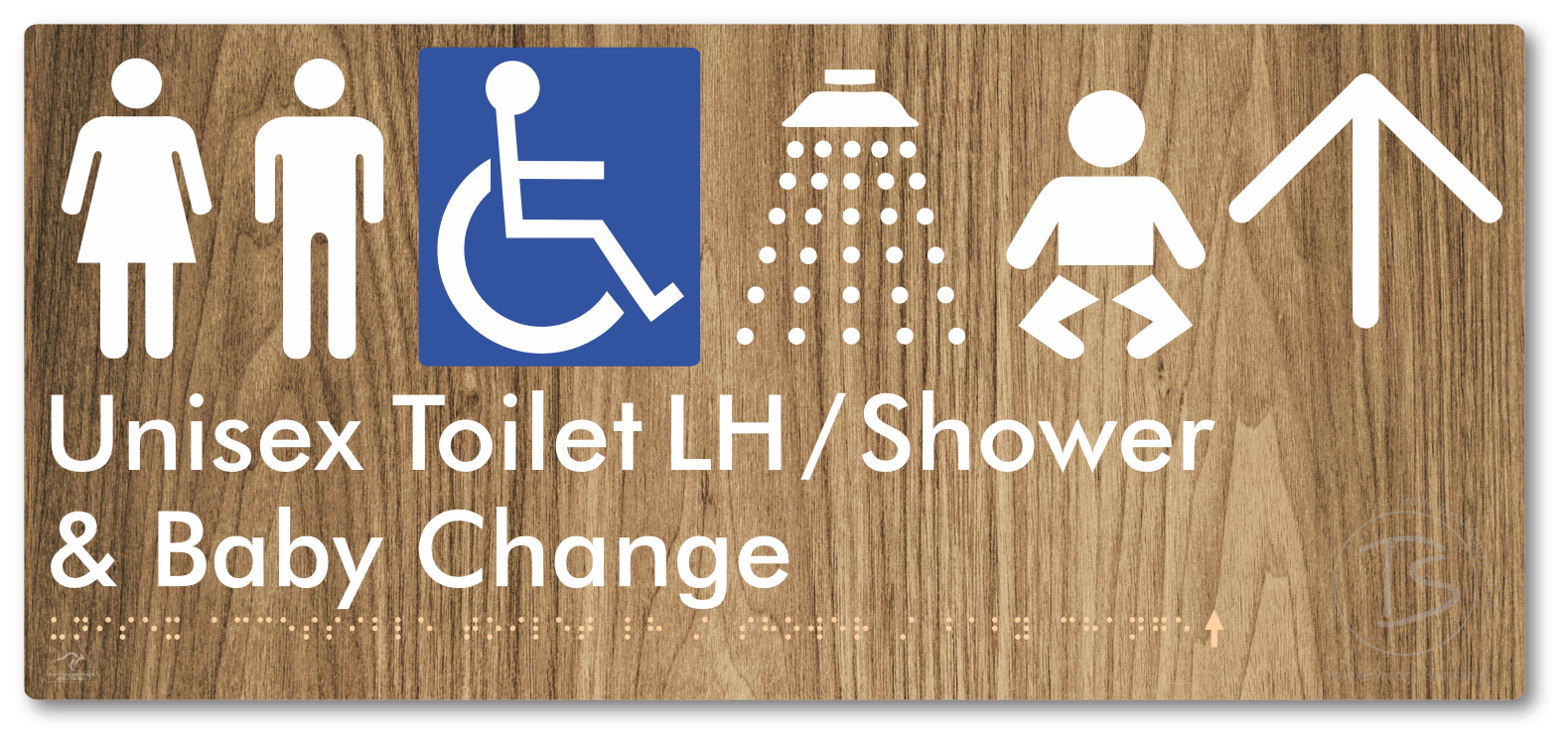 Unisex Accessible Toilet LH / Shower / Baby Change with Large Directional Arrow - Braille Tactile Signs Aust.